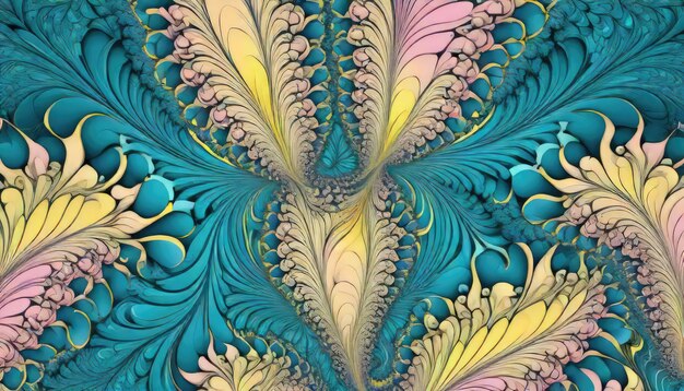 Fractal Fusion Mesmerizing Teal Banana Yellow and Light Pink Abstract Wallpaper