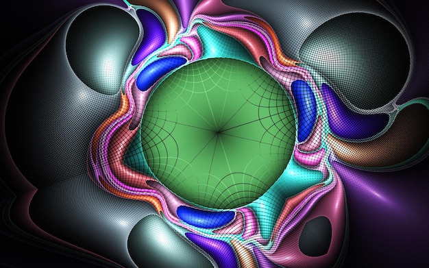 Fractal gekleurde abstracte ronde bochten en lijnen op zwarte achtergrond