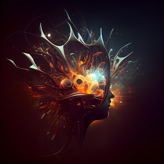 Photo fractal illustration of a female head with a glowing brain