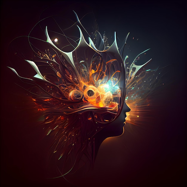 사진 빛나는 두뇌를 가진 여성 머리의 프랙탈 그림