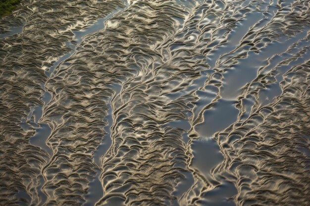 Фрактальные узоры на поверхности реки с видимыми рябями и течениями