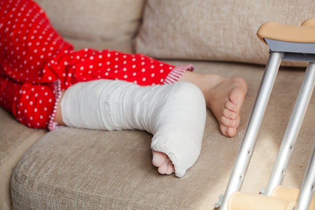 Fracture of the ankle bones in a teenage girl patient with a cast and crutches