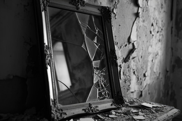 왜곡된 인식을 포착하는 왜곡된 이미지를 반사하는 부서진 거울