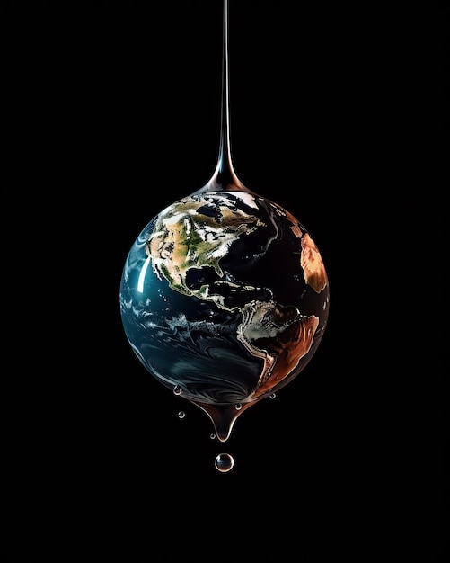 Fragile Existence Earth Globe in Drop on Black Background