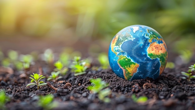 Fragile planet Earth in soil with green plants Environmental protection and sustainability concept