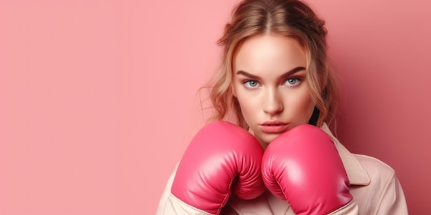 Fragile weak looking young woman with pink boxing gloves Wide banner copy space Generative AI