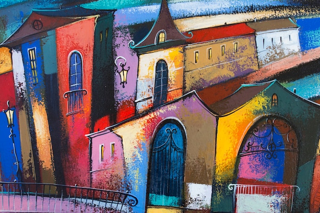 Fragment of an acrylic painting. multi-colored houses at night.abstract colorful background