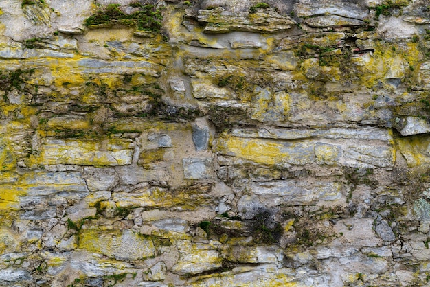 Фрагмент древней каменной стены, покрытой зеленым мхом