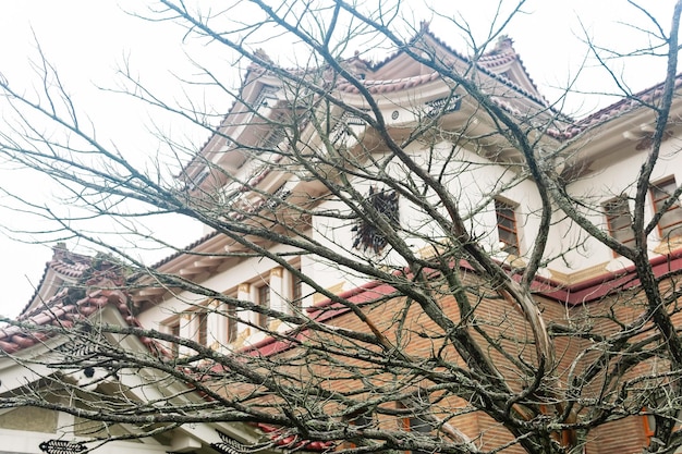 Frammento della costruzione del museo regionale di sakhalin di tradizioni locali a yuzhnosakhalinsk russia