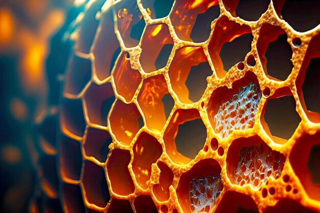 Fragment of honeycomb with full cells in bright sunlight