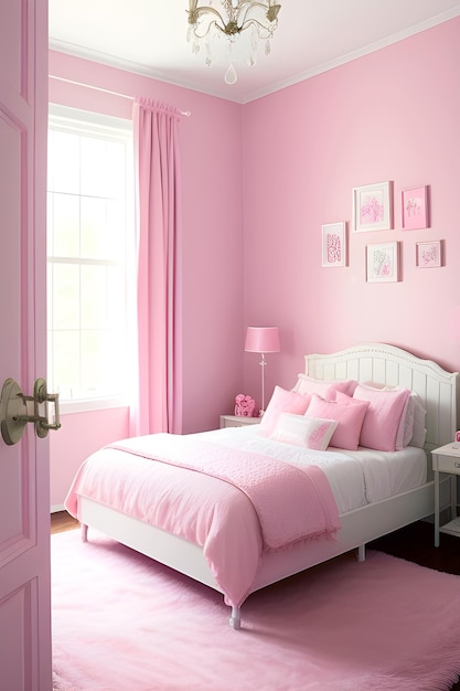 Fragment of the interior of a pink bedroom for a girl in the Barbie style Generated AI