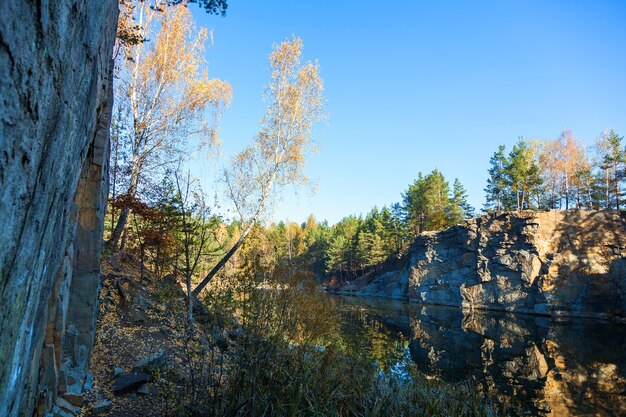 Frammento della riva del lago con una pietra nella foresta di autunno al mattino presto