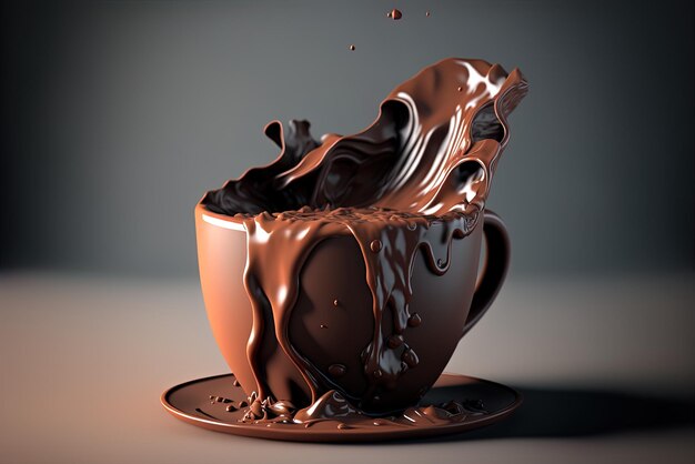 Fragment of melted chocolate in a cup set on a gray backdrop closeup