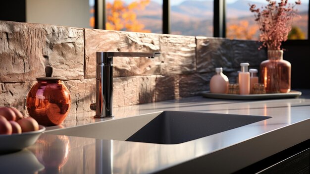 Photo fragment of modern minimalist luxury kitchen gray countertop with builtin sink and chrome faucet