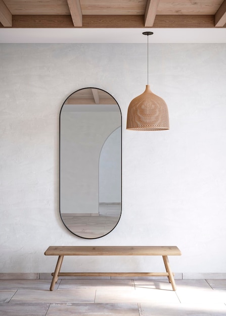 Фото Фрагмент интерьера с плетеным абажуром и деревянной скамьей и зеркалом с падающим светом