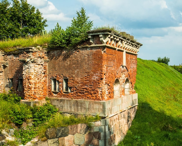 Fragment of an old Russian fortress of the 19th century in Daugavpils made of bricks and boulders