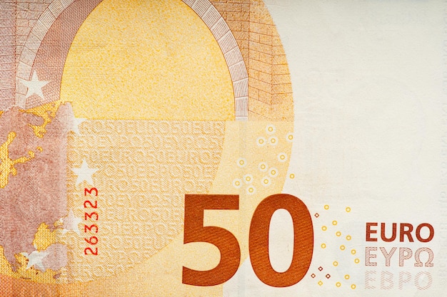 Foto fragment van biljet van vijftig euro bankbiljet van 50 euro euro is de officiële munteenheid van de europese unie