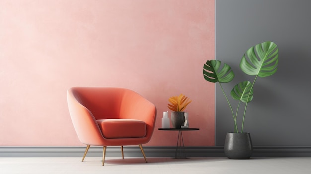 Fragment van moderne minimalistische woonkamer in pastel oranje roze en grijze tinten Trendy fauteuil salontafel kamerplant in een vloerpot Creatief interieur Mockup 3D-rendering