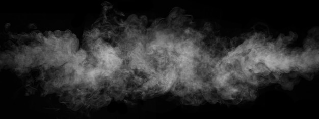 Photo fragment of white hot curly steam smoke isolated on a black background, close-up. create mystical photos. abstract background, design element