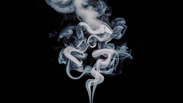 Photo fragment of white hot curly steam smoke isolated on a black background close up