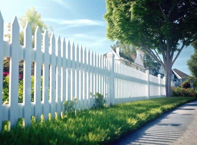 A fragment of a white vinyl fence fencing of the house territory copy space created with generative ai technology