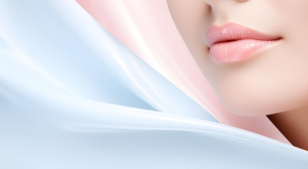 Fragment of a womans face accented with soft pink lips on a light background