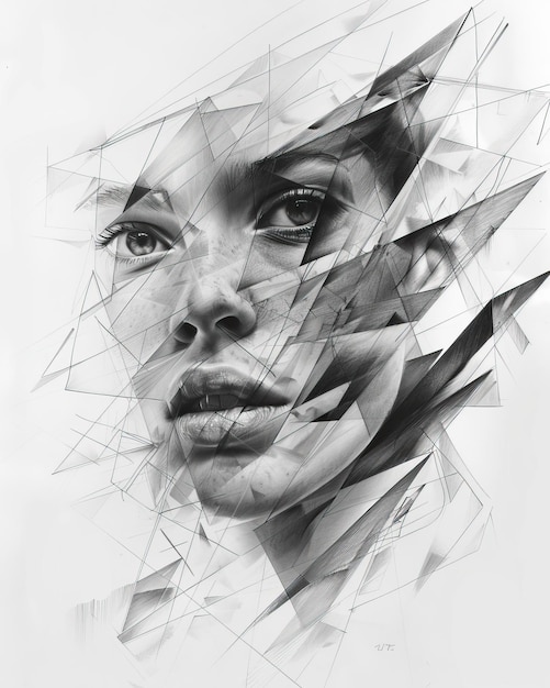 Fragmented black and white portrait with abstract geometric shapes Ideal for modern art design