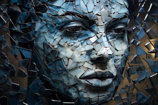 A fragmented portrait composed of shattered glasslike patterns reflecting the multifaceted nature