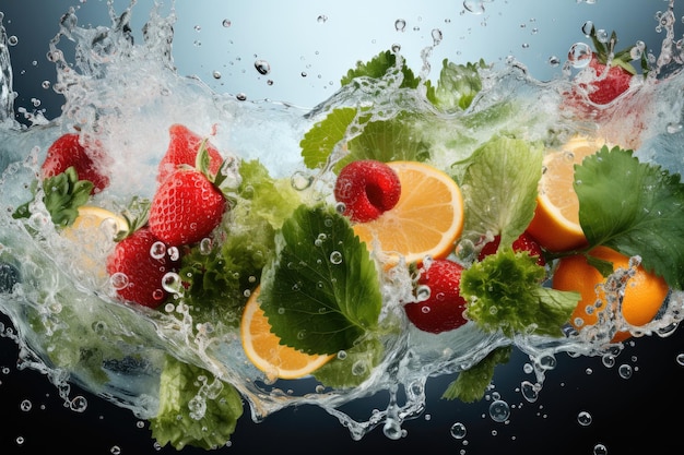 Foto fragmenten van fruit en groenten vallen in het water professionele reclame voedsel fotografie
