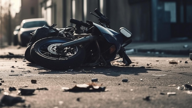 Fragments of a broken motorcycle on the pavement Generative AI