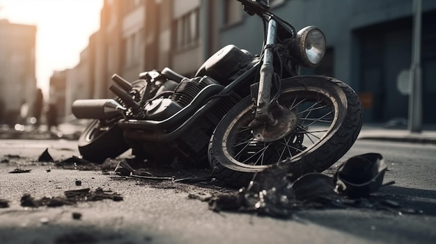 Fragments of a broken motorcycle on the pavement Generative AI