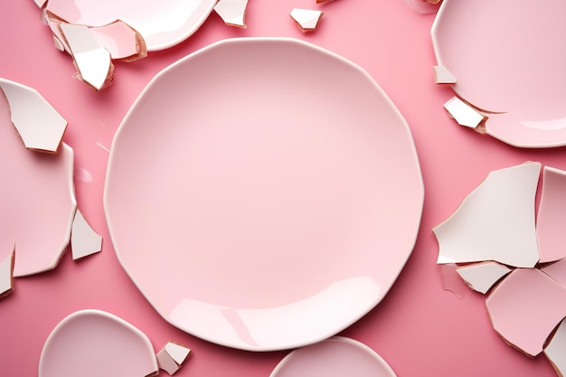 Fragments of broken pink ceramic plate