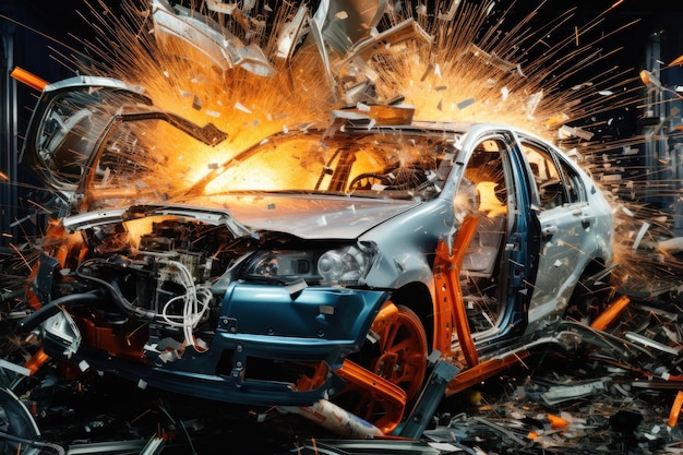 飛行中の破片 自動車が粉々に砕け、破片が大気中に舞い上がる 断片化した余波を浮き彫りにする重大な交通事故の象徴的な描写