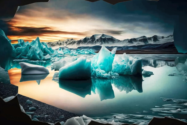 Fragments of floating icebergs moored to mountain shore