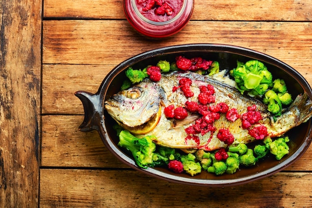 Fragrant baked fish top view