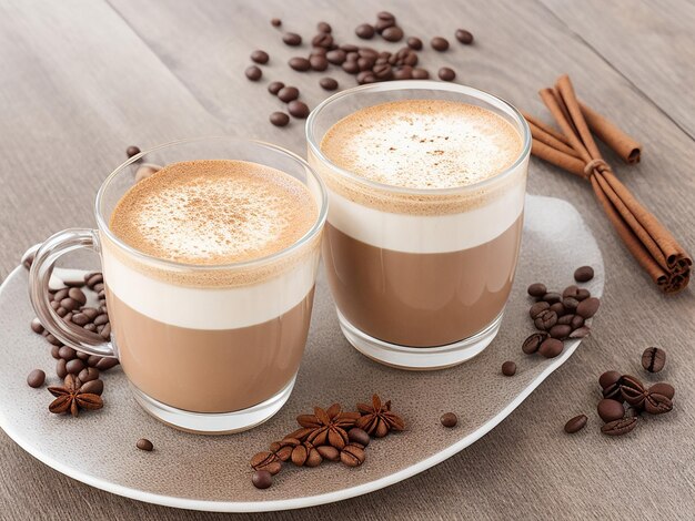 Photo fragrant coffee latte in glasses cups with spices on wooden table