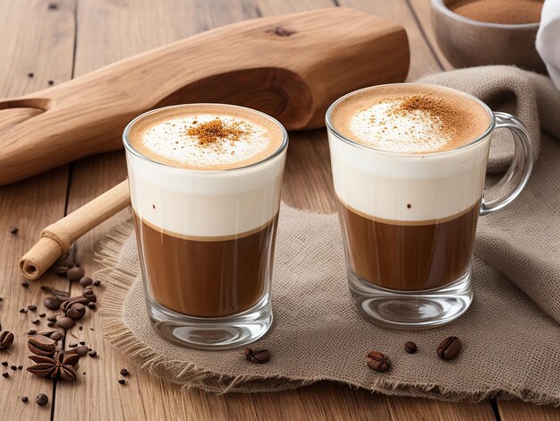 Photo fragrant coffee latte in glasses cups with spices on wooden table