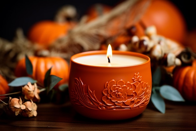Ароматная уютная свеча на столе Осенняя эстетика