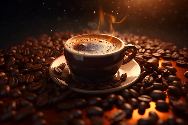 Ароматная чашка кофе с зёрнами вокруг Генеративного ИИ