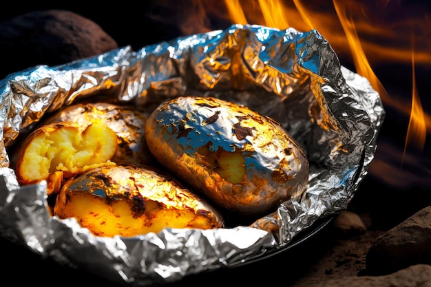 Fragrant fresh baked potatoes in foil against background of burning fire