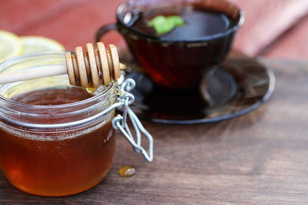 A fragrant fresh honey with a cup of black tea