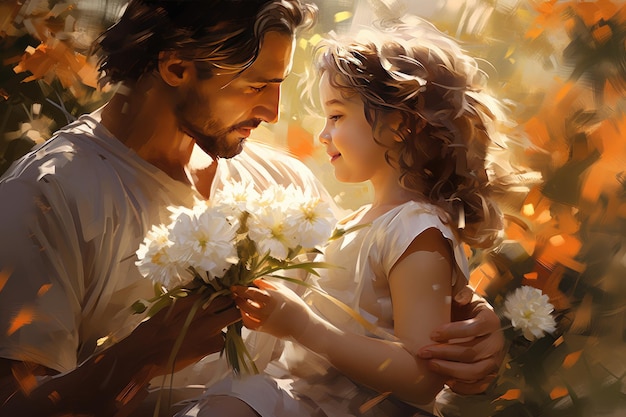 芳香のあるジャスミンの花束 父親が子供を抱きしめる