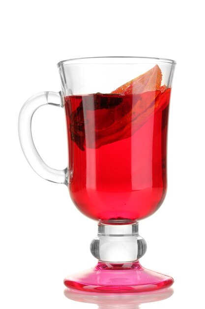 Fragrant mulled wine in glass isolated on white