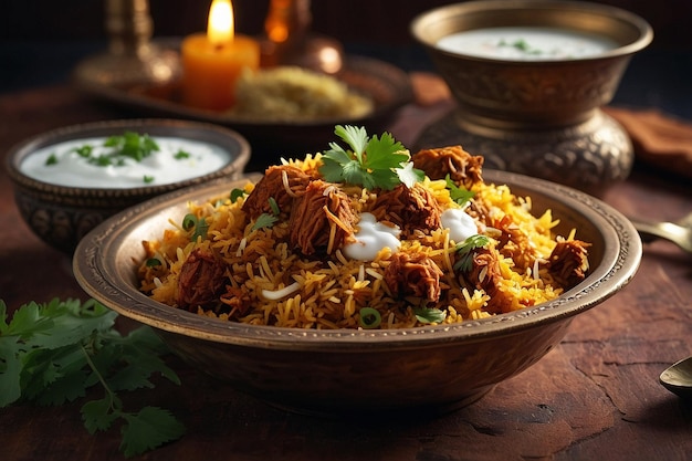 A fragrant plate of biryani served with a cooling yogu