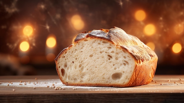 Fragrant rough bread on a wooden table in the sun