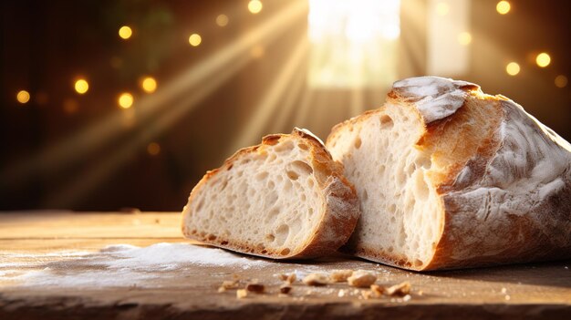 Fragrant rough bread on a wooden table in the sun