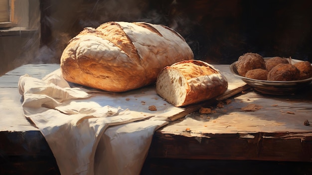太陽の下の木製のテーブルの上で香る粗いパン