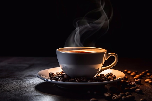 Fragrant and tasty morning cup of coffee with black background at sunrise