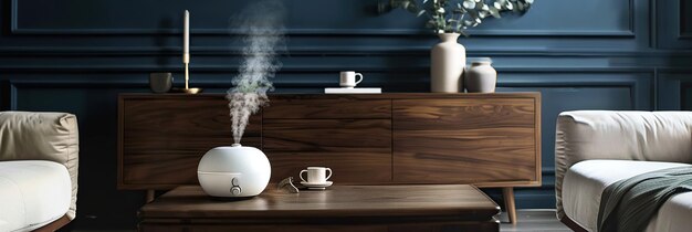 Fragrant white humidifier atop dark walnut furniture