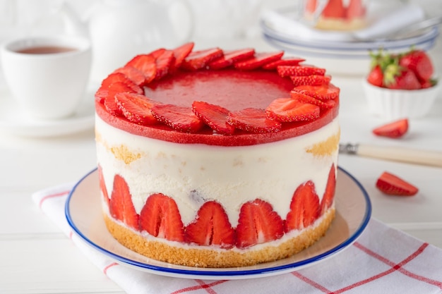 Fraisier mousse cake Strawberry cake with biscuit mousse and jelly Summer dessert